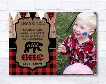 Wild One Thank You, Bear Thank You,  One Happy Camper Thank You, 1st Birthday, Camping Invite, plaid, rustic, buffalo check, printable