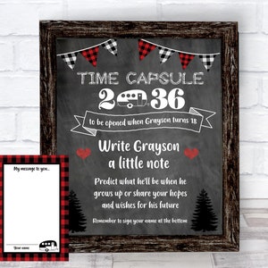 Happy Camper Time Capsule, Happy Camper Party, Happy Camper Decor, Buffalo plaid decor, Birthday time capsule, lumberjack, printable