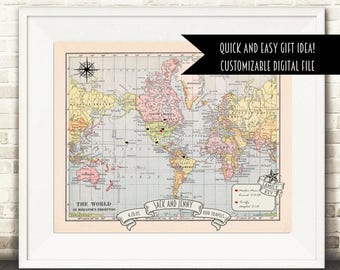 World map print, custom world map print, World Map Anniversary gift, map wedding gift, World Map Push Pin, family print, printable