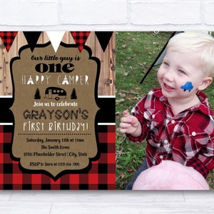 Happy Camper Invite, Happy Camper Invitation,  One Happy Camper, 1st Birthday, Camping Invite, plaid, rustic, buffalo check, printable