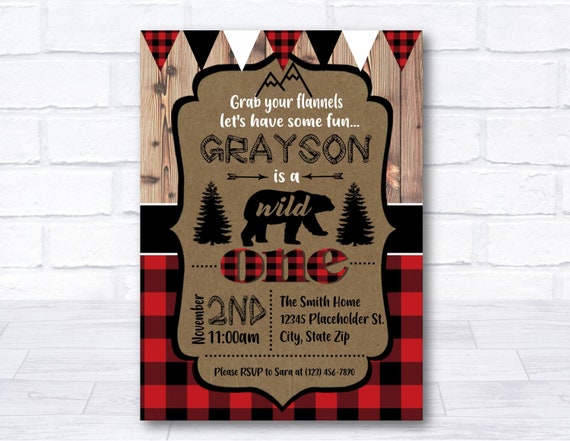 Wild One Birthday Party Invitation, Wild One invitation, Buffalo Plaid Wild One Invite, First Birthday Invite, Boy Wild One, Bear, printable