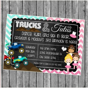 Trucks and Tutus, Monster Trucks and Tutus, sibling invite, sibling invitation, twin invite, twin invitation, combo, monster trucks, tutu