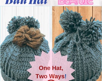 Messy Bun Beanie Crochet Pattern PDF | Convertible Ponytail Hat | Easy DIY Winter Beanie | Digital Download | Women & Teen Hat qaZ≈Pattern