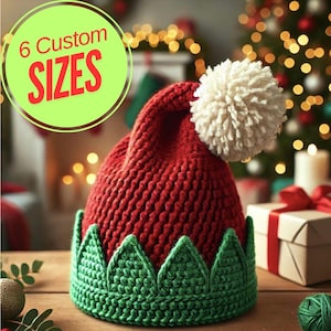Puede incluir: Sombrero de elfo rojo y verde con un pompón blanco. El sombrero está tejido a crochet y tiene una punta puntiaguda. El sombrero está disponible en 6 tamaños personalizados.