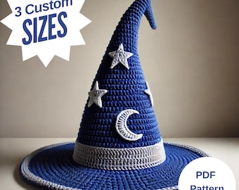 Handmade Crochet Halloween Wizard Hat Pattern – Whimsical Wizard Hat with Wide Brim, Star, Moon Appliques Perfect for Costumes & Decor