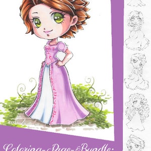 May include: A coloring page bundle featuring a kawaii version of Rapunzel from Disney's Tangled. The image shows Rapunzel in a pink and white dress with a crown on her head. The bundle includes several other coloring pages of Disney princesses.