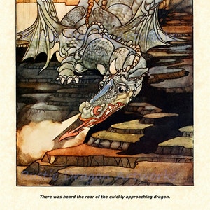 Charles Robinson "There Was Heard the Roar of the Quickly Approaching Dragon" 1909 Reproduction Digital Print Medieval Times Dragon