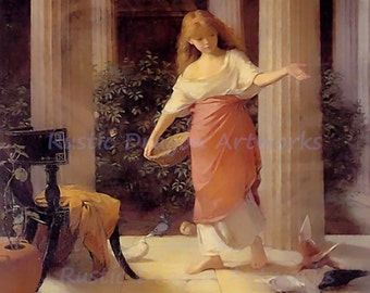 John William Waterhouse "Roman Girl Feeding Birds"  Greek Architecture 1874 Reproduction Digital Print