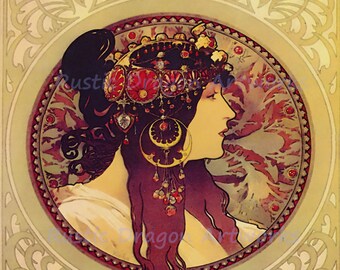 Alphonse Mucha "Donna Orechini" 1920's Art Nouveau Reproduction Digital Print  Wall Decor Wall Art