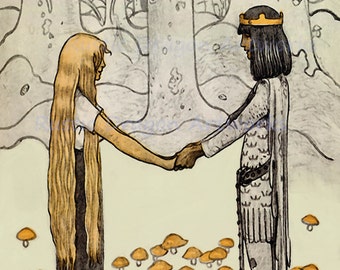 John Bauer "Prince without Shadow" 1910 Reproduction Digital Print Young Prince Young Girl Holding Hands Fantasy Fairy Tale