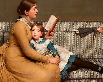 George Dunlop Leslie "Woman Reading to a Child" 1900's Reproduction Digital Print Mother Child Reading Mother Child Time Together Doll