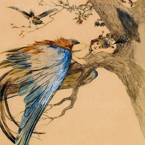 Sergey Solomko "Blue Bird Sirin" 1897 Reproduction Digital Print Art Nouveau Mythological Creature of Russian Legends