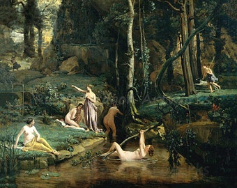 Jean Baptiste Corrot "Diana and Actaeon" 1836 Reproduction Digital Print Women in Forest Bathing in Stream Goddess Ovid’s Metamorphoses