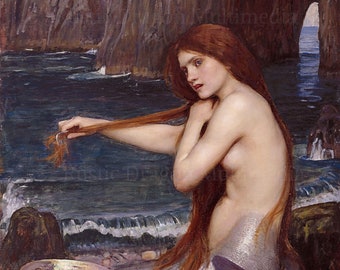 John William Waterhouse "Mermaid" Fantasy Sea Seashell 1901 Reproduction Digital Print