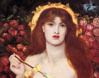 Dante Gabriel Rossetti "Venus Verticordia" 1868 Reproduction Digital Print Goddess Venus Arrow Apple Golden Halo Butterflies Pink Flowers