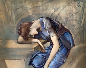 Edward Burne Jones "The Brair Rose" Series The Garden Court 1889 Reproduction Print Legend Beautiful Woman Sleeping Pre-Raphaelite