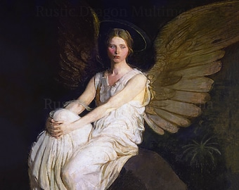 Abbott Handerson Thayer "Stevenson Memorial" 1903 Reproduction Print Beautiful Angel Sitting on A Stone Angelic Religious