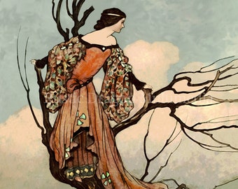 Warwick Goble "Princess Standing On A Tree Branch" 1913  Reproduction Digital Print Nobility Fairy Tale Folklore Nature Illustration