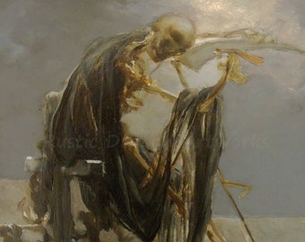 Maximillian Pirner "Death" 1893 Reproduction Print Skeleton Sitting Holding Sickle Full Moon