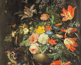 Abraham Mignon "The Overturned Bouquet" 1679 Reproduction Digital Floral Mised Flowers in Vase Cat