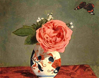 Gustave Caillebotte "A Rose and Forget Me Nots in a Vase" 1878 Reproduction Digital Print Beautiful Open Rose Vase Butterfly