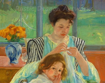 Mary Cassatt "Young Mother Sewing" 1900 Reproduction Digital Print Mother and Child Flowers Sewing