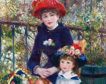 Pierre Auguste Renoir "Two Sisters on the Terrace" 1881 Reproduction Digital Print Older and Younger Sister on Terrace Flowers River Scene