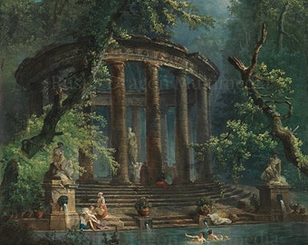 Hubert Robert "The Bathing Pool" 1763 Reproduction Digital Print Women Bathing Pantheon Roman Times Greek