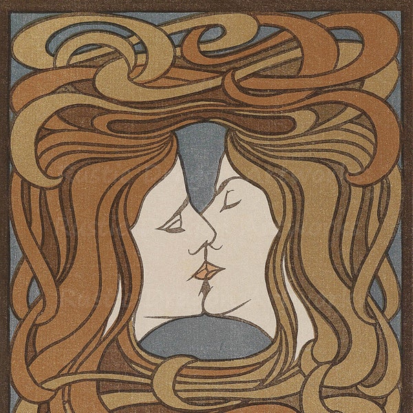 Peter Behrens "Two Faces Kissing" 1898  Reproduction Digital Print Art Nouveau Illustration Kissing