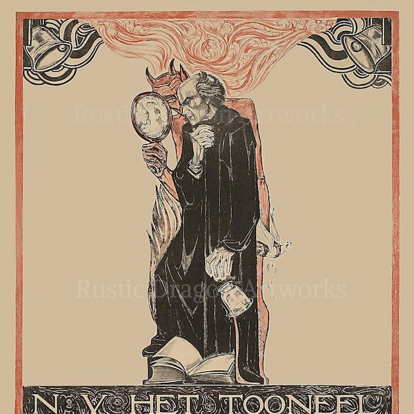 Richard Roland Holst "Goethe's Faust" Poster 1918 Reproduction Digital Print Christian Moral Legend Devil Holding Up a Mirror Dove