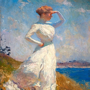 Frank Benson "Sunlight" 1909 Reproduction Digital Print Woman Standing on a Hillside Looking Out Onto The Ocean Landscape