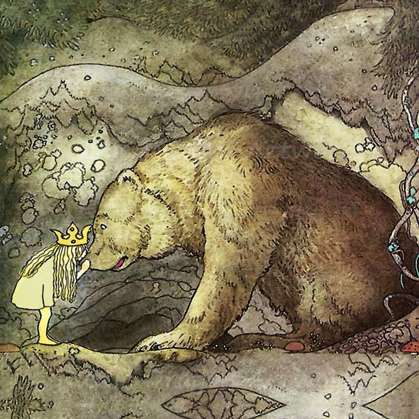 John Bauer "Kissed the Bear on the Nose" 1907 Reproduction Digital Print Young Princess Bear Fairy Tale