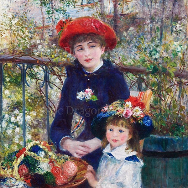 Pierre Auguste Renoir "Two Sisters on the Terrace" 1881 Reproduction Digital Print Older and Younger Sister on Terrace Flowers River Scene