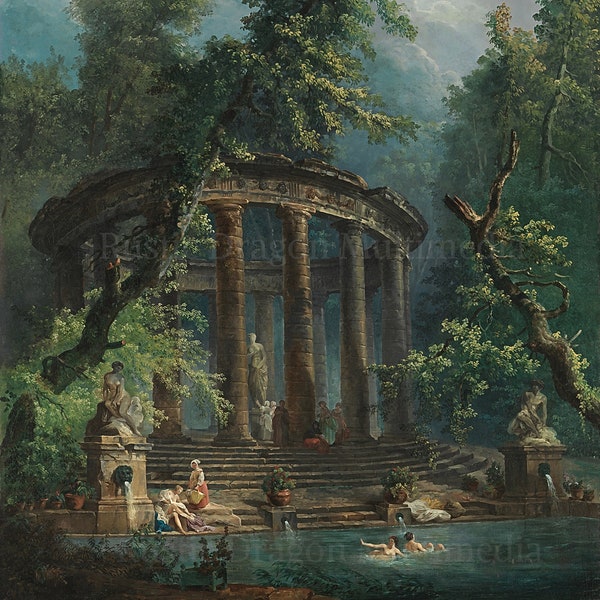 Hubert Robert "The Bathing Pool" 1763 Reproduction Digital Print Women Bathing Pantheon Roman Times Greek