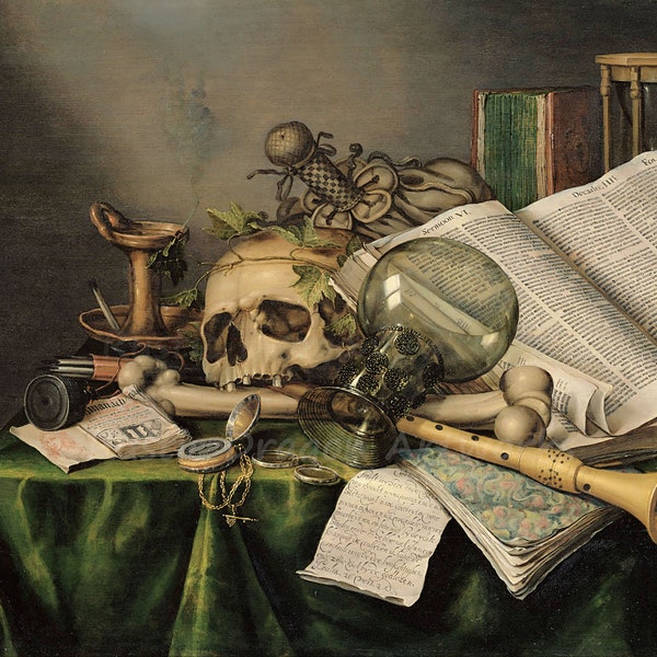 Edwaert Collier Vanitas "Still Life with Books and Manuscripts and a Skull" 1663 Reproduction Digital Print Table Top Numerous Items Mystic