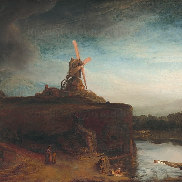 Rembrandt "The Mill" 1645 Reproduction Digital Print Wind Mill Storm Clouds Man Boat Woman Child River Bank Animals