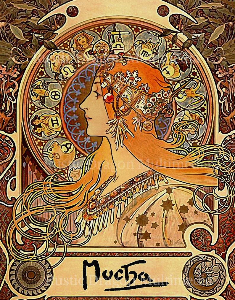 Alphonse Mucha Zodiac Reproduction Digital Print Art Nouveau Zodiac Signs image 1