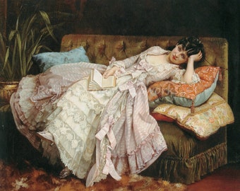 Auguste Toulmouche "Do Nothing" 1877 Reproduction Digital Print Beauty Woman Lying on Couch Reading Bored Lazy Day