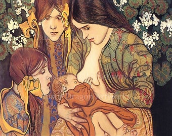 Stanislaw Wyspianski "Motherhood" 1890 Reproduction Digital Print Family Young Mother Breastfeeding Her Baby Art Nouveau