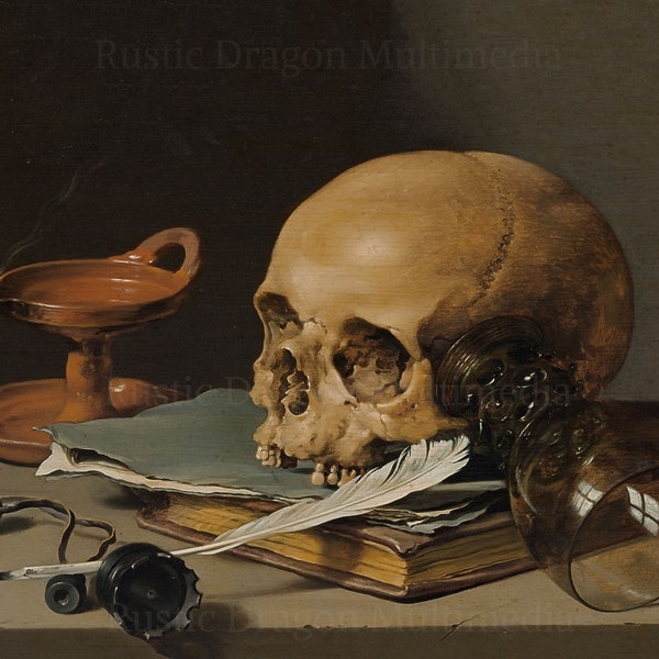 Pieter Claesz "Still Life with a Skull and a Writing Quill" 1628 Reproduction Digital Print Tabletop Incense Burner Goblet Book Papers