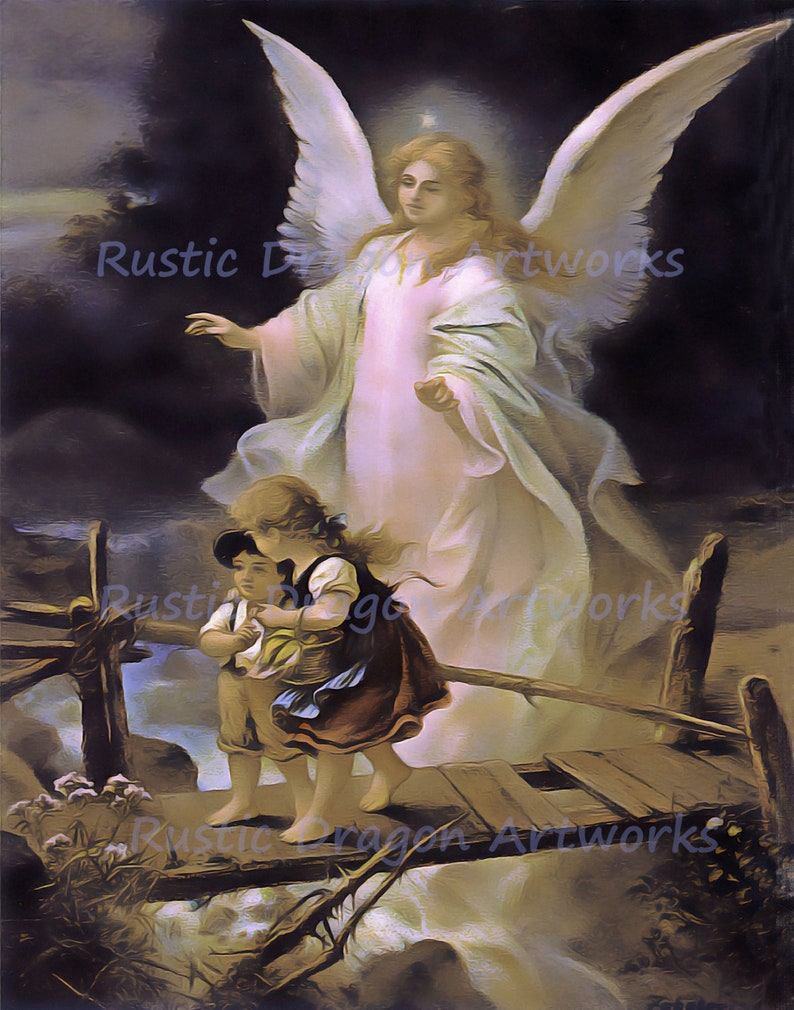 Guardian Angel Overlooking Two Children Crossing a Bridge Etsy