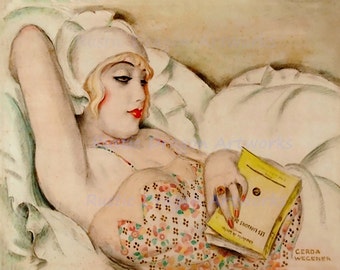 Gerda Wegener "La Sieste" Nap 1922  Reproduction Digital Print Woman Beauty Falls Asleep Reading a Book Art Nouveau