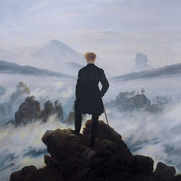Caspar David Friedrich "The Hiker above the Sea of Fog" 1840 Reproduction Print Man Standing with a Cane on Top of the Rocks Mountians Fog
