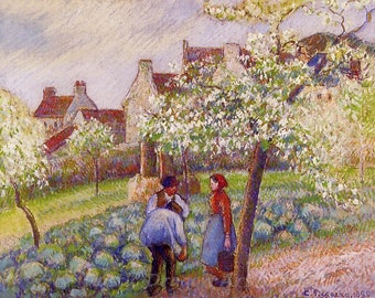 Camille Pissarro "Flowering Plum Trees" 1890 Reproduction Digital Print People Walking and Talking Among the Plum Trees Landscape