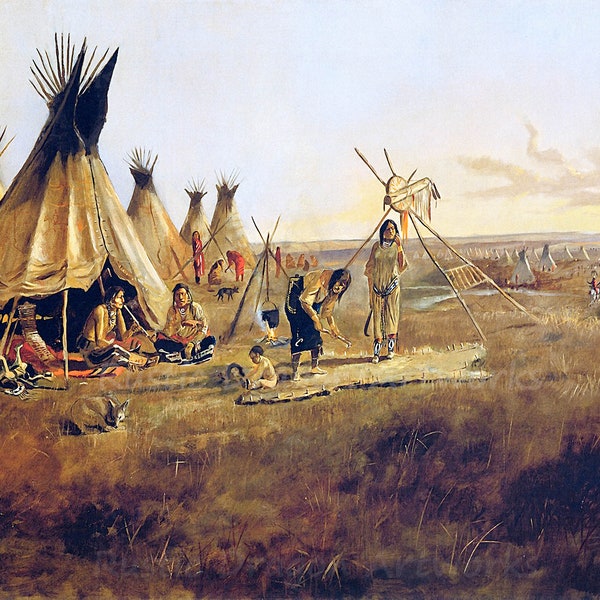 Charles M Russell "The Silk Robe" 1907 Reproduction Digital Print Native American Indians Daily Life Tipi Teepees Lodges Landscape