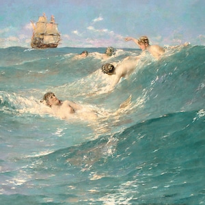 George W Maynard "In Strange Seas" 1889 Reproduction Digital Print Sirens Greek Mythology Dangerous Creatures Lure Sailors