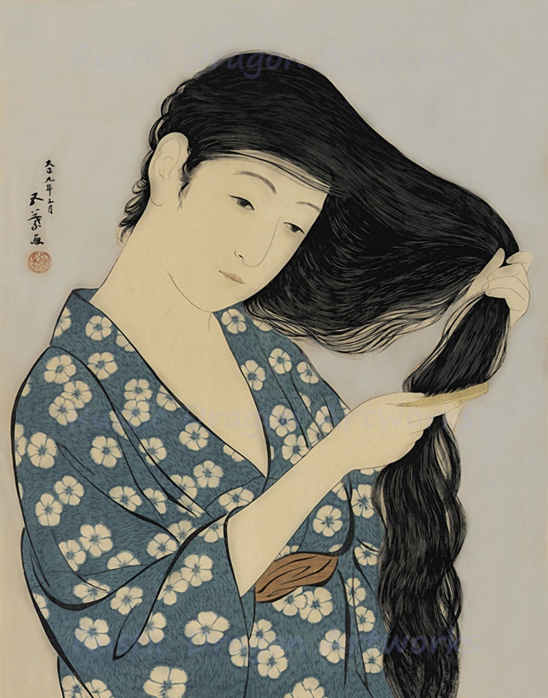 Hashiguchi Goyo Women in Blue Combing Her Hair 1920 Reproduction Digital Print Japanese Art Vintage Japan Wall Hanging image 1