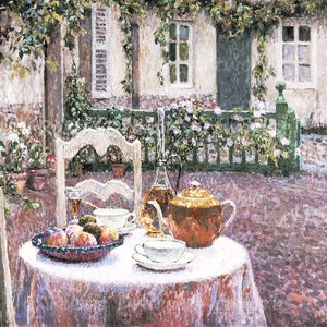 Henri Le Sidaner "The Pink Table Cloth" 1800's Reproduction Digital Print Table in the Flower Garden Terrace Tea Time Beautiful Flowers