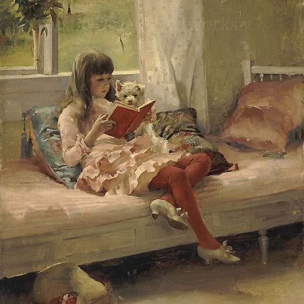 Albert Edelfelt "Good Friends" 1881 Reproduction Print Young Girl Sitting on Her Bed Reading a Book with Her Pet Dog