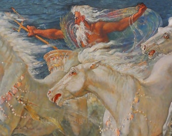 Walter Crane "The Horses of Neptune" 1892 Reproduction Digital Print Roman Greek Mythology God of the Sea Roman Water Ocean